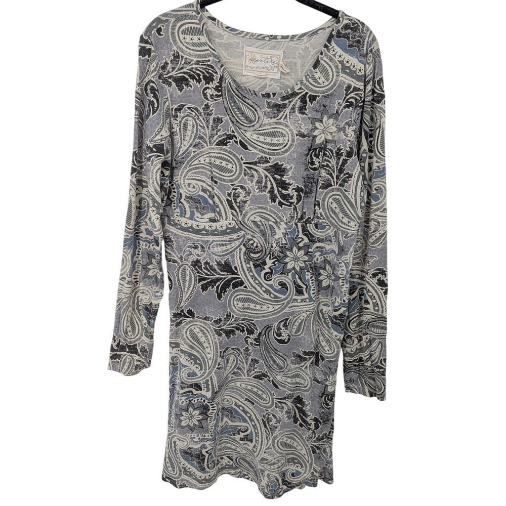 Aventura Paisley Long Sleeve Dress Women Large Blue Gray Organic Cotton Modal